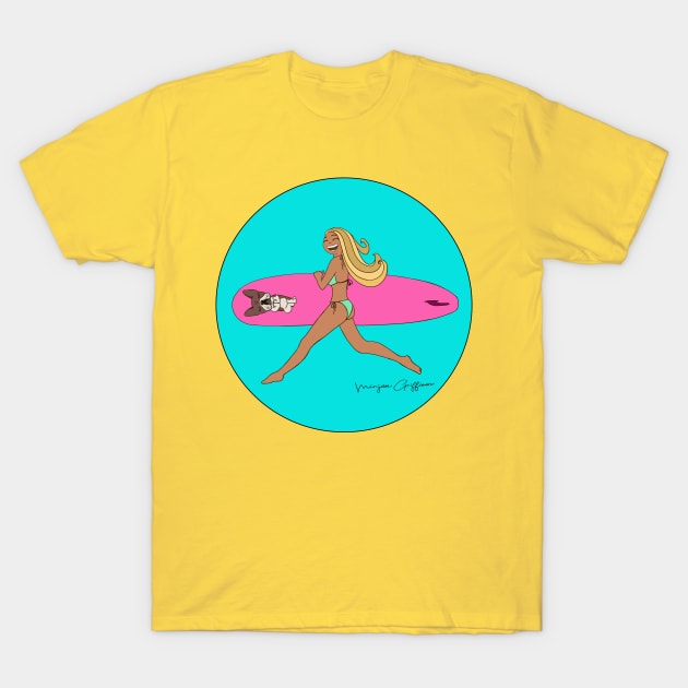 Surfgirl and frenchie catching waves T-Shirt by Griffioen